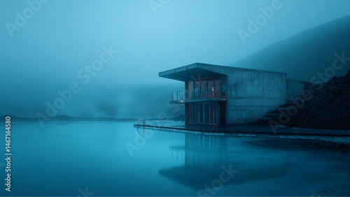 Obraz na płótnie Night. brutalist hotel built into side of mountain, swimming pool, blue lagoon iceland, no clouds, northern lights, Minimalist. Minimalism. Ethereal. Dreamy dreamlike. steam, icelandic mountains w salonie