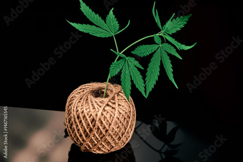 image of a ball of natural fibers and a green hemp twig on a black background close-up, creative focus, the concept of environmental friendliness of organic fibers