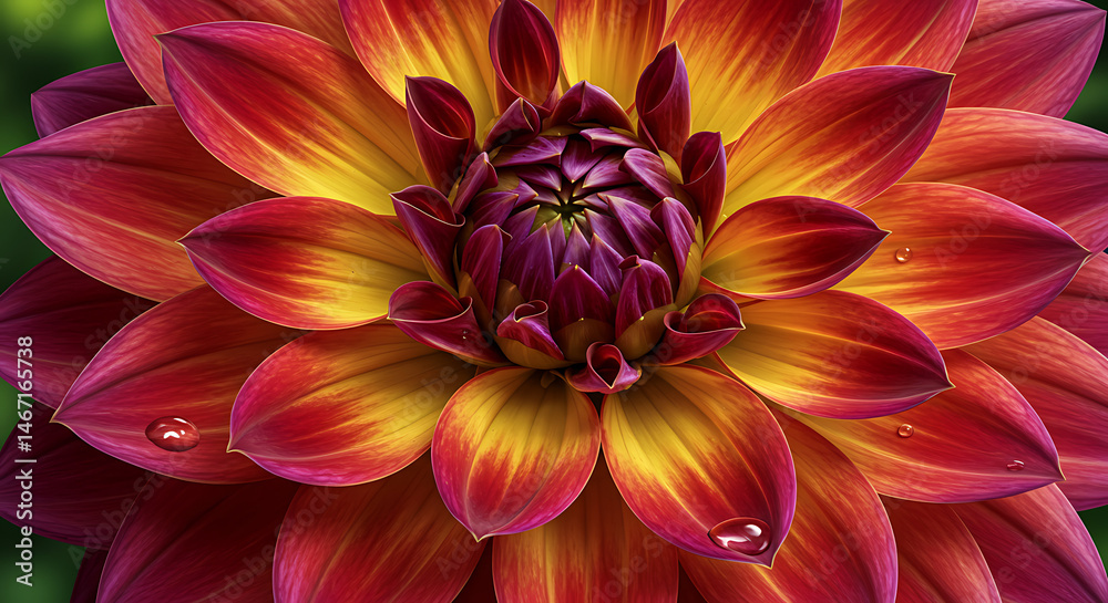 Obraz premium Vibrant dahlia flower with red, yellow and purple petals glistening with water droplets closeup