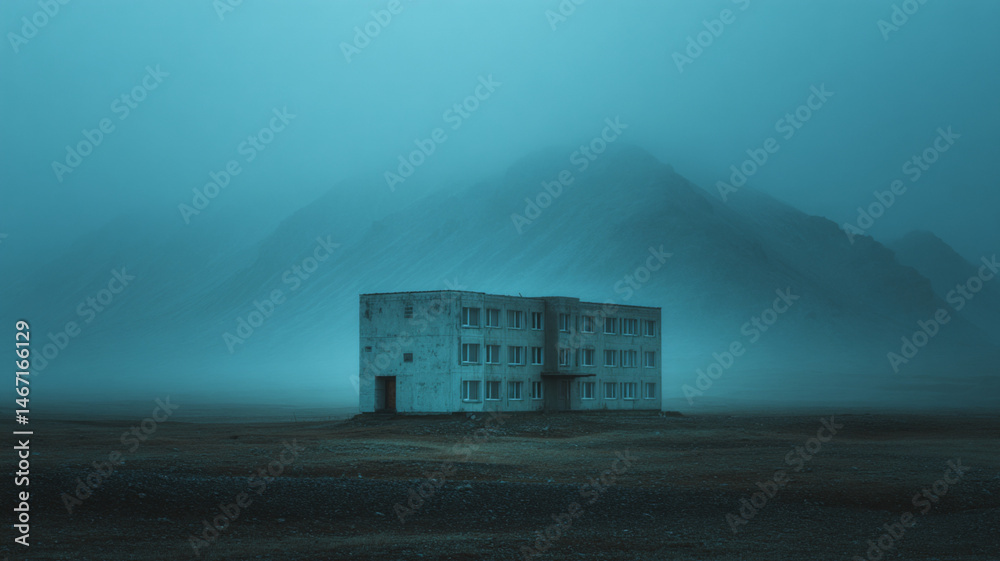 Night. brutalist hotel built into side of mountain, swimming pool, blue lagoon iceland, no clouds, northern lights, Minimalist. Minimalism. Ethereal. Dreamy dreamlike. steam, icelandic mountains