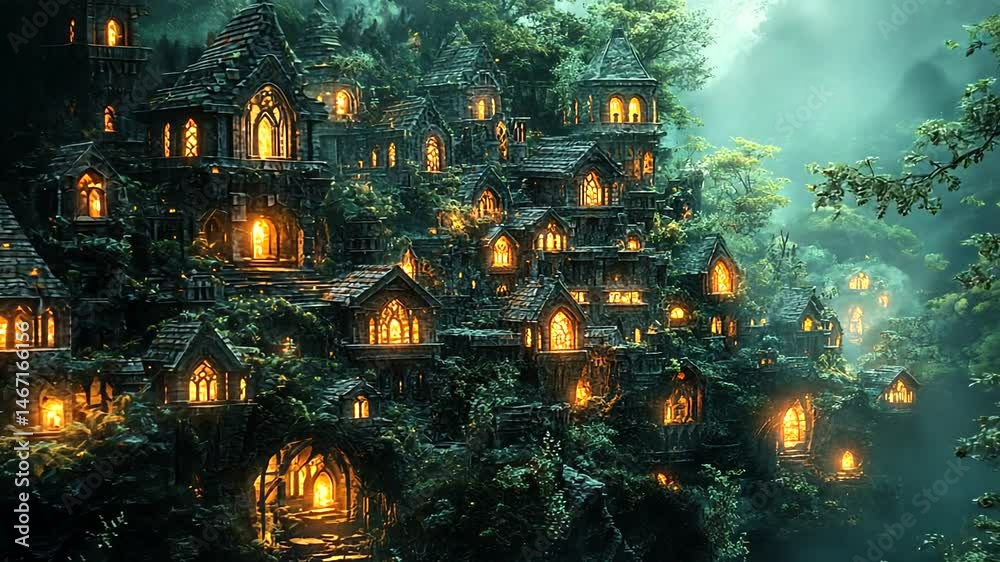Enchanted forest village illuminated at dusk, showcasing mystical architecture and lush greenery Enchanted forest village illuminated at dusk, showcasing mystical architecture and lush greenery