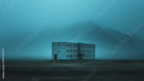 Obraz na płótnie Night. brutalist hotel built into side of mountain, swimming pool, blue lagoon iceland, no clouds, northern lights, Minimalist. Minimalism. Ethereal. Dreamy dreamlike. steam, icelandic mountains w salonie