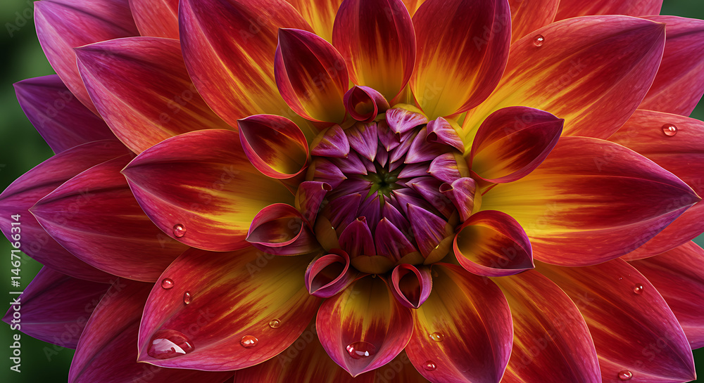 Obraz premium Close up of a vibrant dahlia flower with water droplets showcasing its intricate petal arrangement and colors