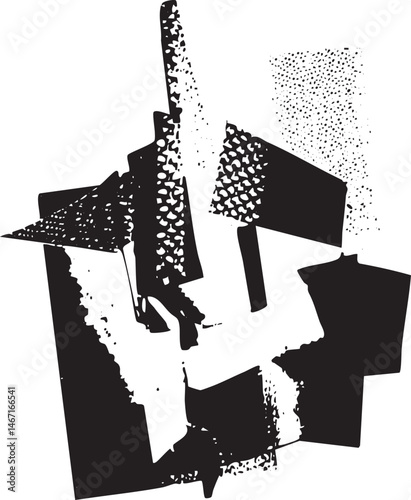 A fragmented black and white abstract shape dominates the composition.