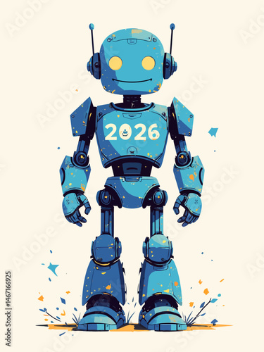  2026 robot done in tech style, handwritten way