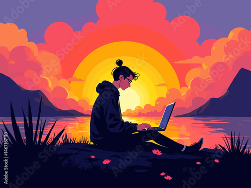  a hacker on a laptop sitting in front of a sunrise