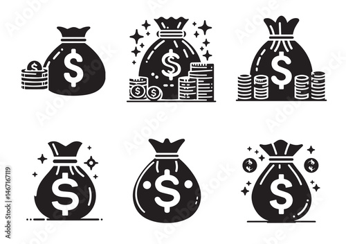 Money Bag Icon Set, Money Bag Silhouette Vector