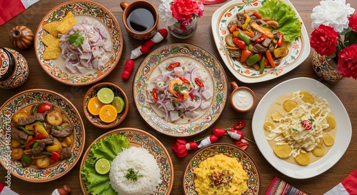 Peruvian Feast with Traditional Dishes and Festive Decor
