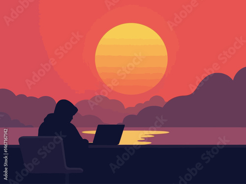 a hacker on a laptop sitting in front of a sunrise