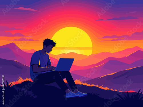  a hacker on a laptop sitting in front of a sunrise