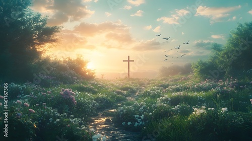 Easter Christian Realistic Illustration: Distant Cross, Flying Birds, and Sunlit Meadow in Soft Tones, Cinematic Sacred Landscape