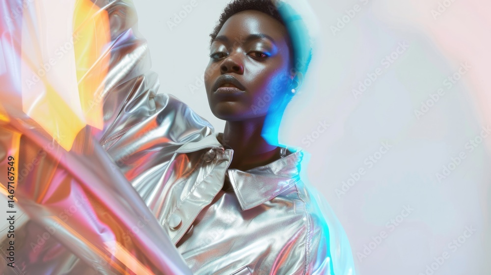 Obraz premium Female fashion model portrait with rainbow prism holographic light effects background creating motion blur and dreamy atmosphere