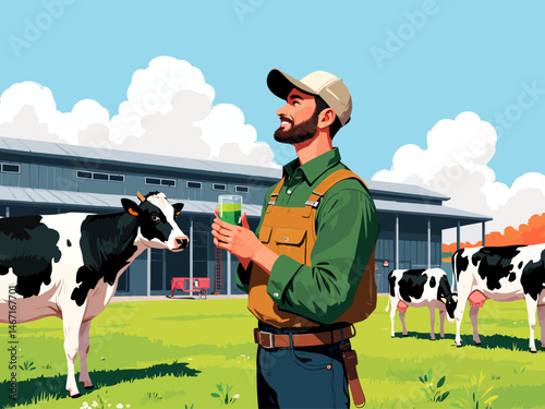farmer standing confidently in front of his modern farm with his cows