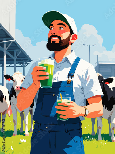farmer standing confidently in front of his modern farm with his cows