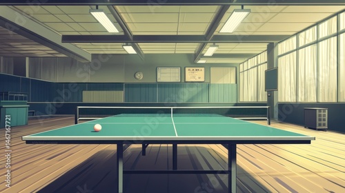 Sunlit empty ping pong room with table, ball, and wooden floor.