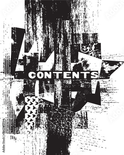 Distorted ‘CONTENTS’ overlaid on a fragmented textured background.