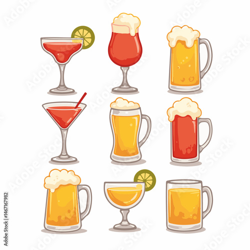 Cartoon cocktails and beers vector set for bar menu, with copy space
