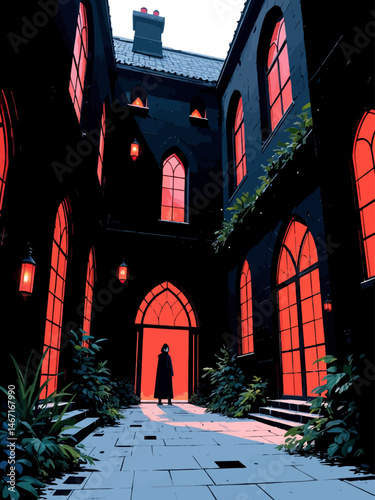 grim dark fantasy art, landscape of gothic outdoor courtyard at night, stained glass windows, gothic architecture