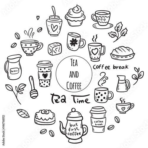 Cute doodle coffee and tea shop icons. Outline coffee and tea drawings for cafe menu