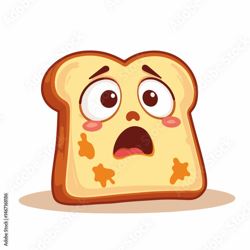 Cartoon toast displaying a shocked expression, on white with copy space