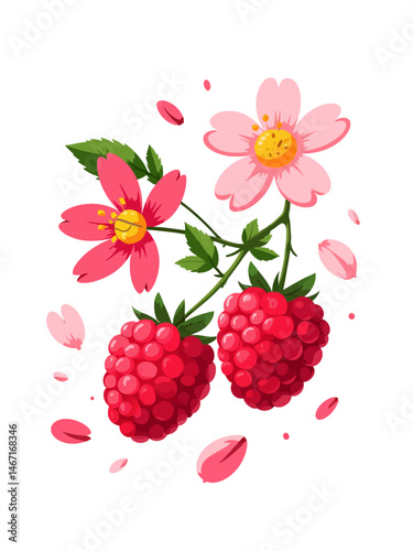  Ripe raspberries and flowers in air on white background