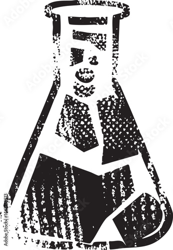 A stylized black and white flask with a stopper sits upright on a plain background.