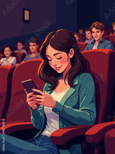  woman, sitting in a theatre, looking at her cellphone