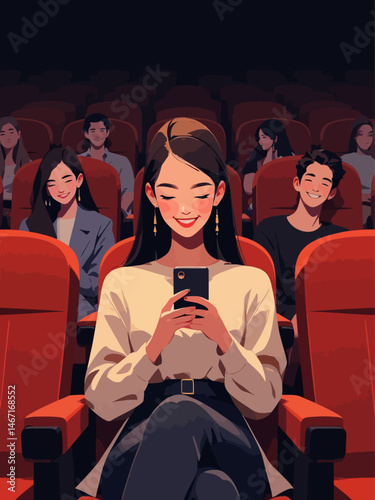  woman, sitting in a theatre, looking at her cellphone