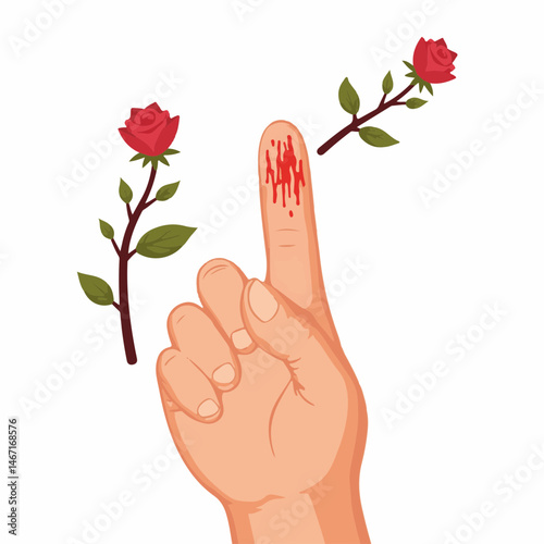 Hand with bleeding finger next to a rose branch, the concept of pain