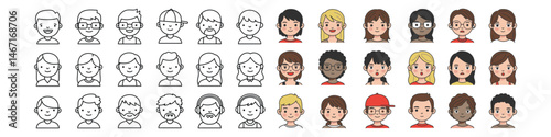 Cartoon avatar collection featuring expressive male and female faces. Colorful flat illustrations suitable for games, blogs, and creative projects.