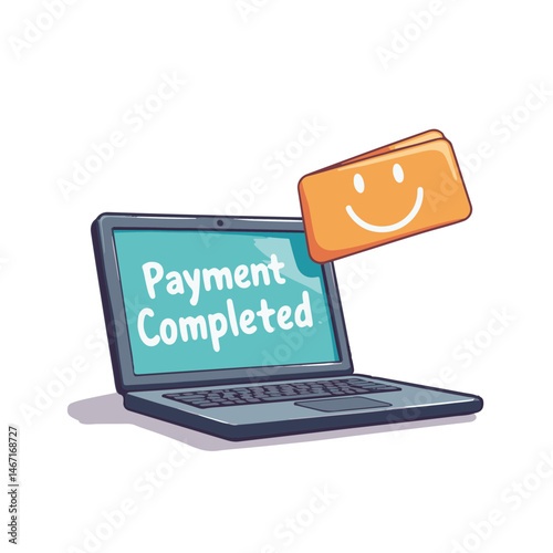 Laptop screen showing payment completed next to a smiley card, the concept of online shopping