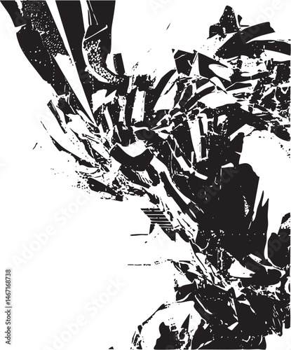 A dynamic fragmented silhouette of a creature emerges from a chaotic burst of sharp edges.