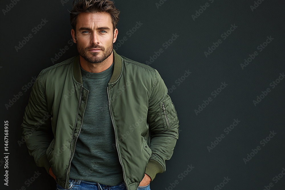 Stylish Man in Olive Green Bomber Jacket with Casual Outfit and Confident Look Stylish Man in Olive Green Bomber Jacket with Casual Outfit and Confident Look