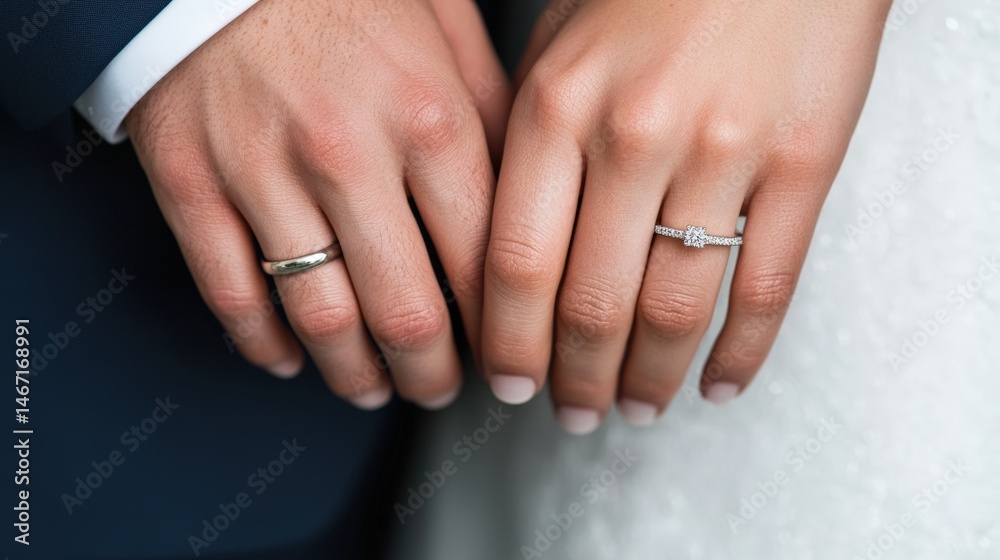 Close-up of a bride and groom's hands showing wedding rings, symbolizing marriage and commitment. Close-up of a bride and groom's hands showing wedding rings, symbolizing marriage and commitment.