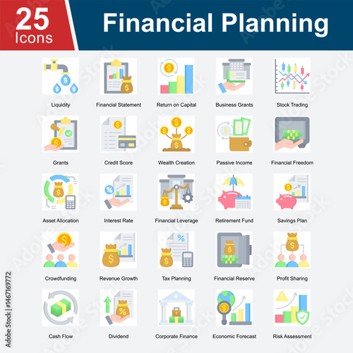 Financial Planning is a collection of icons covering essential aspects of personal and corporate finance, including budgeting, investment strategies, savings, risk management, and long-term wealth.