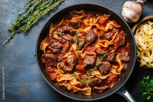 Beef and Tomato Pasta in Pan, Herbs, and Raw Pasta, Kitchen Setting photo