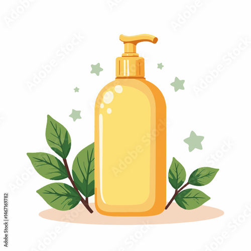 Illustrated yellow bottle with pump and leaves, for spa products, with copy space