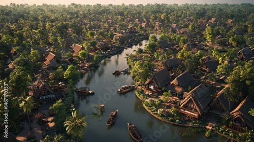 Aerial view of a tropical village nestled beside a canal.  Possible use for travel brochure