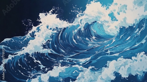 Ukiyo-e Inspired Painting of a Churning Ocean photo