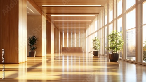 Sunlit modern hallway with wood walls, floors, and large windows.