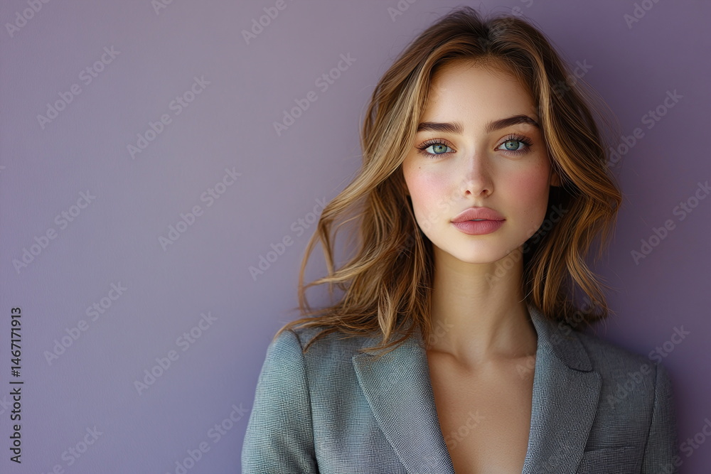Fototapeta premium Confident Young Woman in Stylish Gray Blazer Against Purple Background