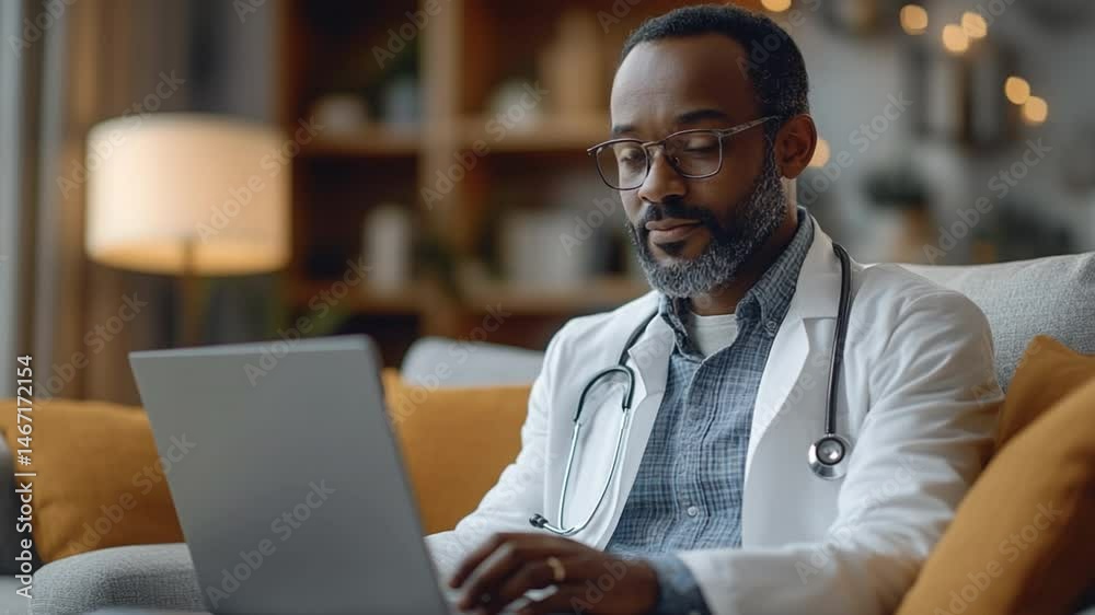 A seasoned doctor, dressed in a crisp lab coat, skillfully uses a laptop computer to conduct a remote medical consultation. The scene conveys a blend of experience, trust. A seasoned doctor, dressed in a crisp lab coat, skillfully uses a laptop computer to conduct a remote medical consultation. The scene conveys a blend of experience, trust.