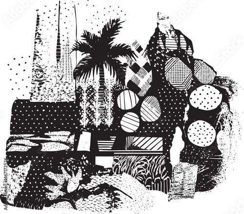 A monochrome collage features geometric shapes and architectural fragments against a textured background.