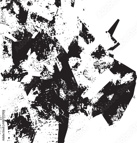 Fragmented geometric shapes emerge from a textured background.