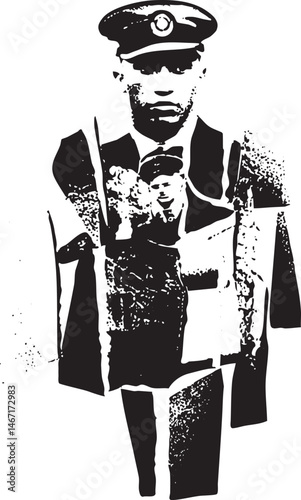 A solitary figure stands in a stark silhouette overlaid with a ghostly of another man.