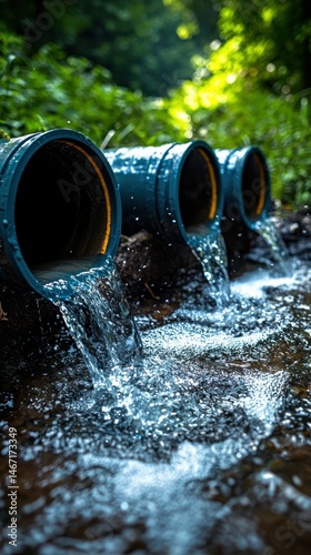 Pipes draining water into a stream, surrounded by greenery