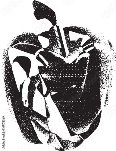 A stark black and white rendering of a halved reveals its intricate internal structure.