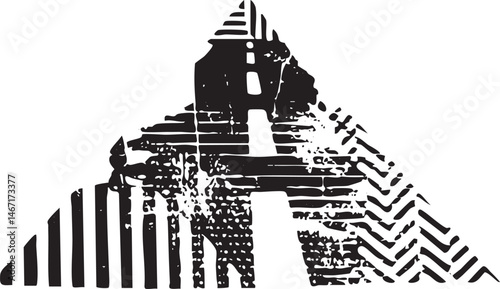 A stark silhouette of an ancient stone structure is partially obscured by a complex geometric .