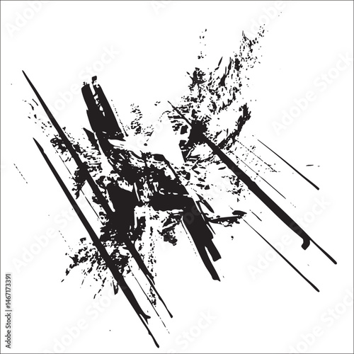 Black paint strokes intersect diagonally across a white background.