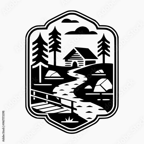 Black and white vector logo of adventure, bushcraft, hiking, wilderness